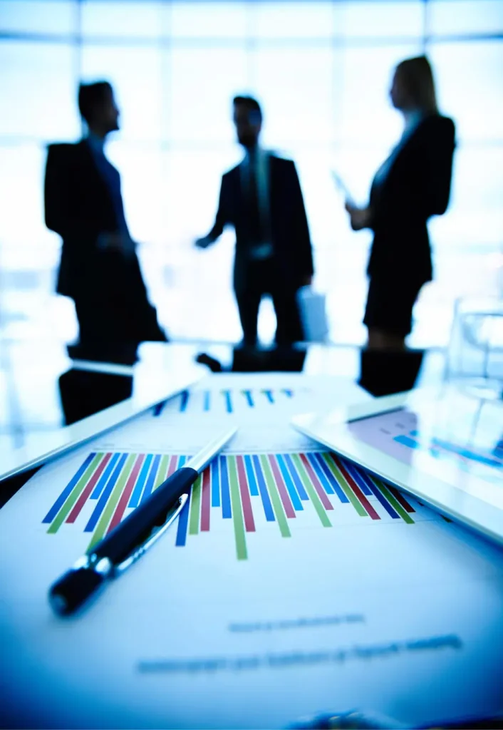 Documentos e gráficos de gestão numa reunião de trabalho