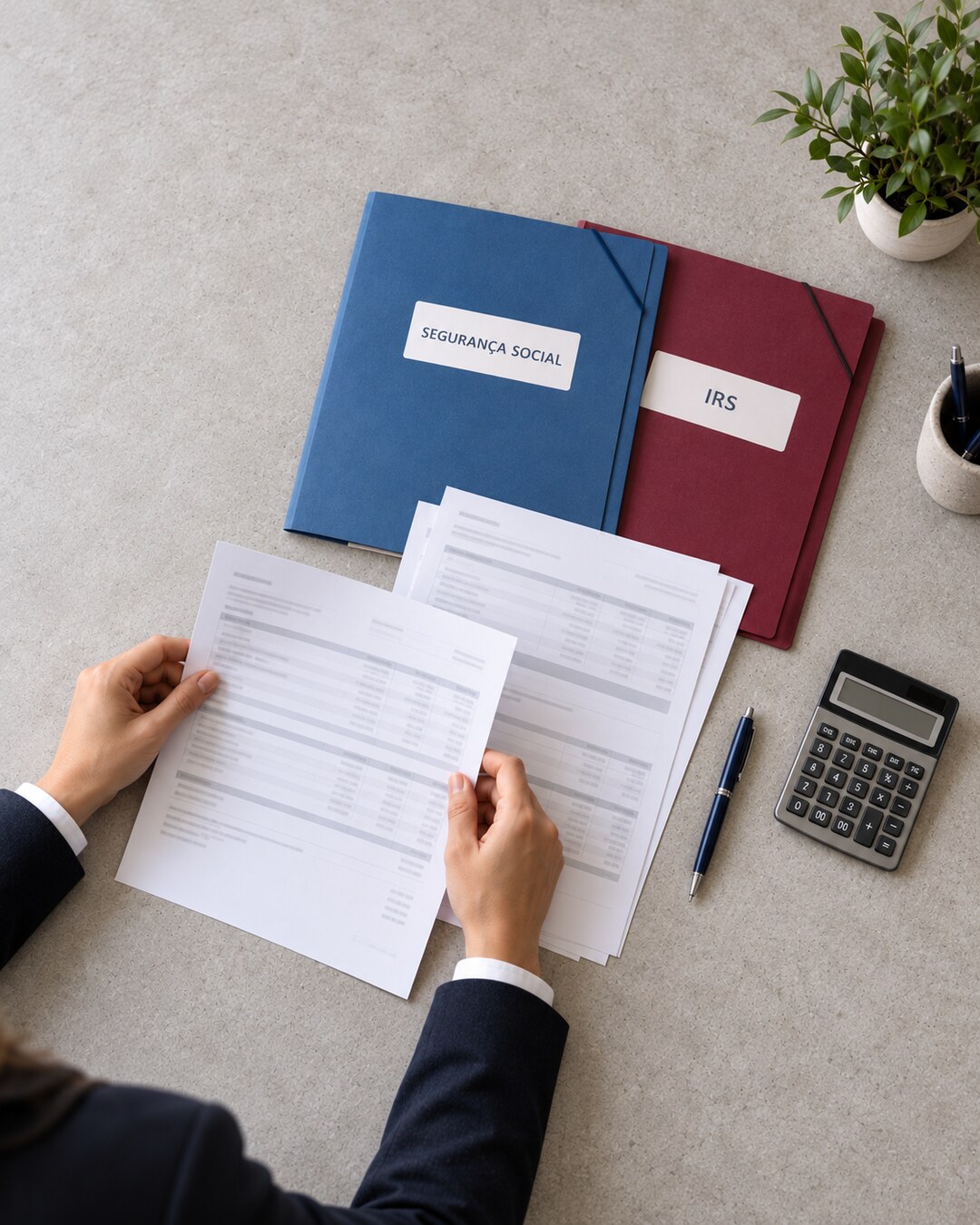 Documentos salariais, calculadora e pastas identificadas como Segurança Social e IRS, fotografia vertical ilustrativa.